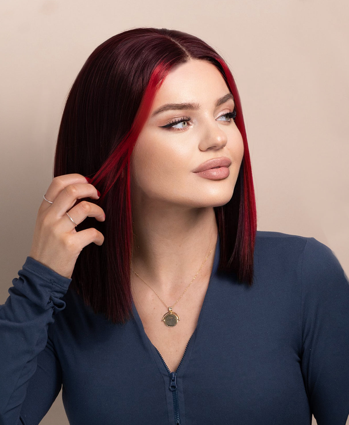 long bob human wig - 10" red money piece highlights.