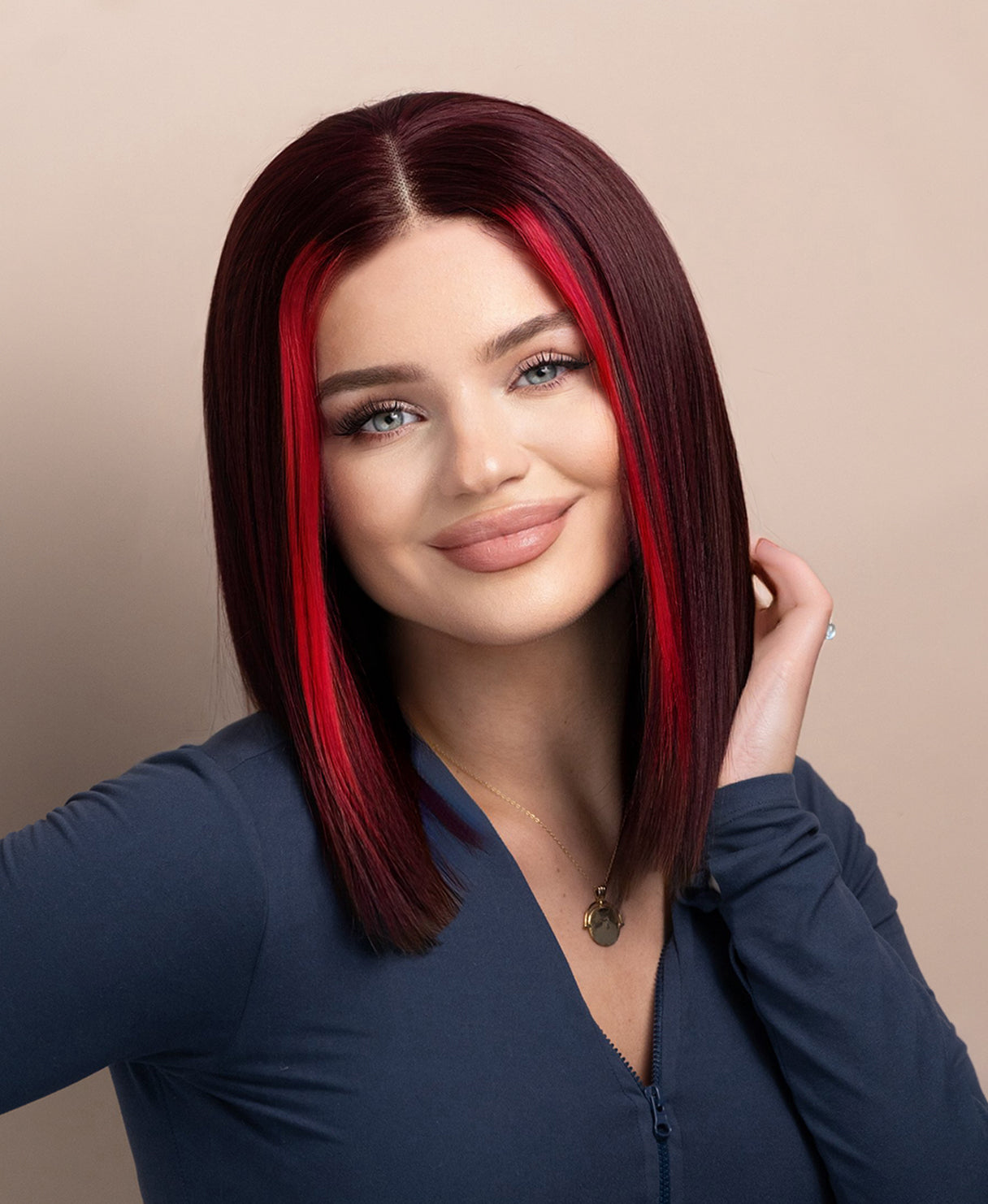 long bob human wig - 10" red money piece highlights.