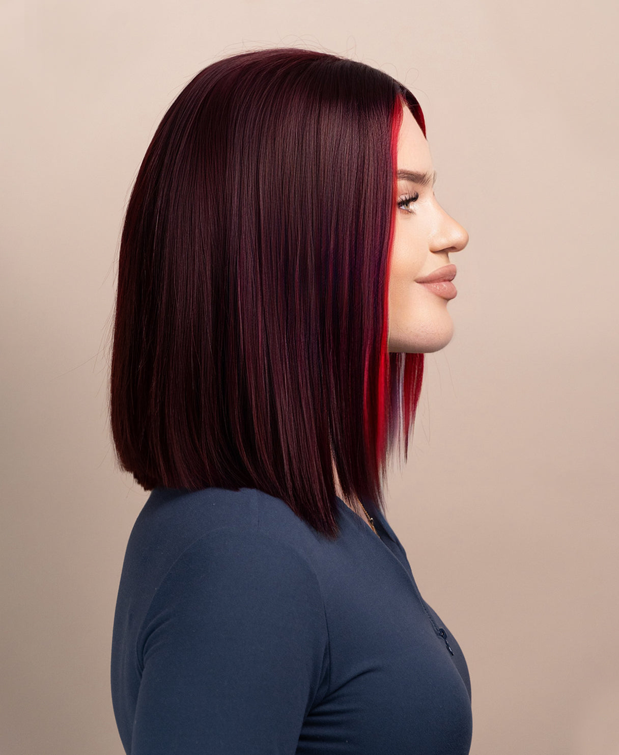 long bob human wig - 10" red money piece highlights.