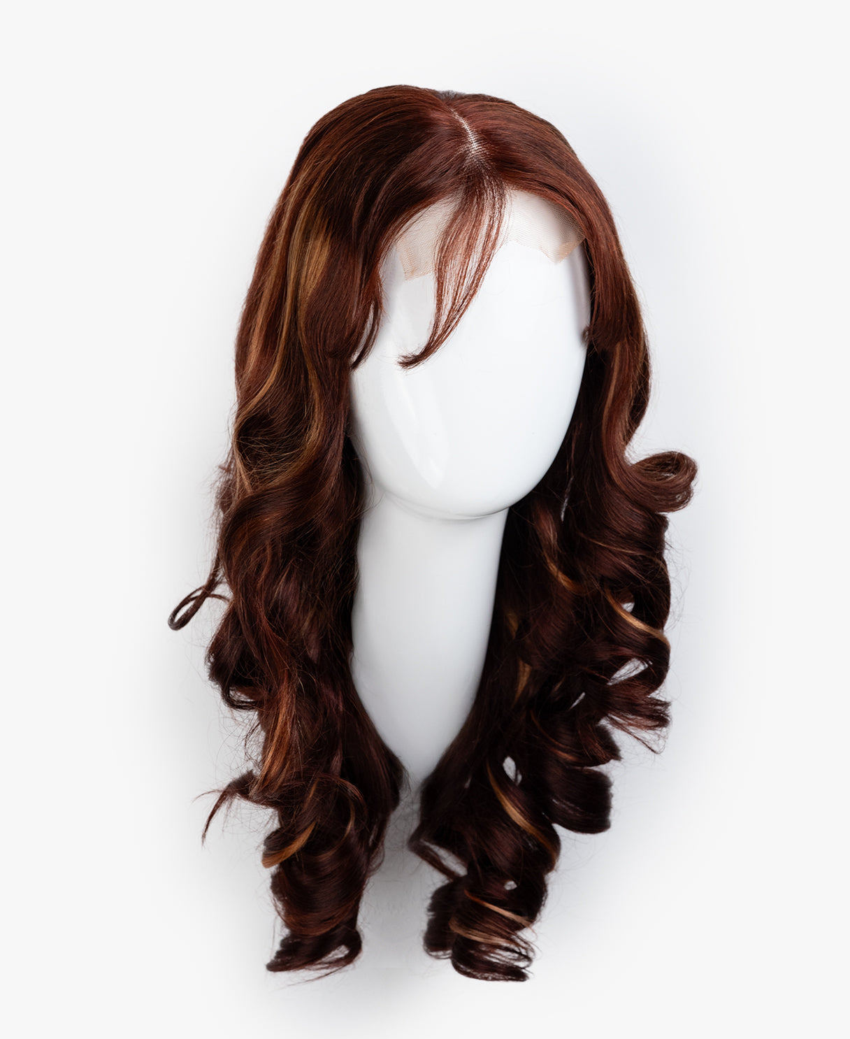 bouncy curls with bangs human wig - 18" auburn balayage.