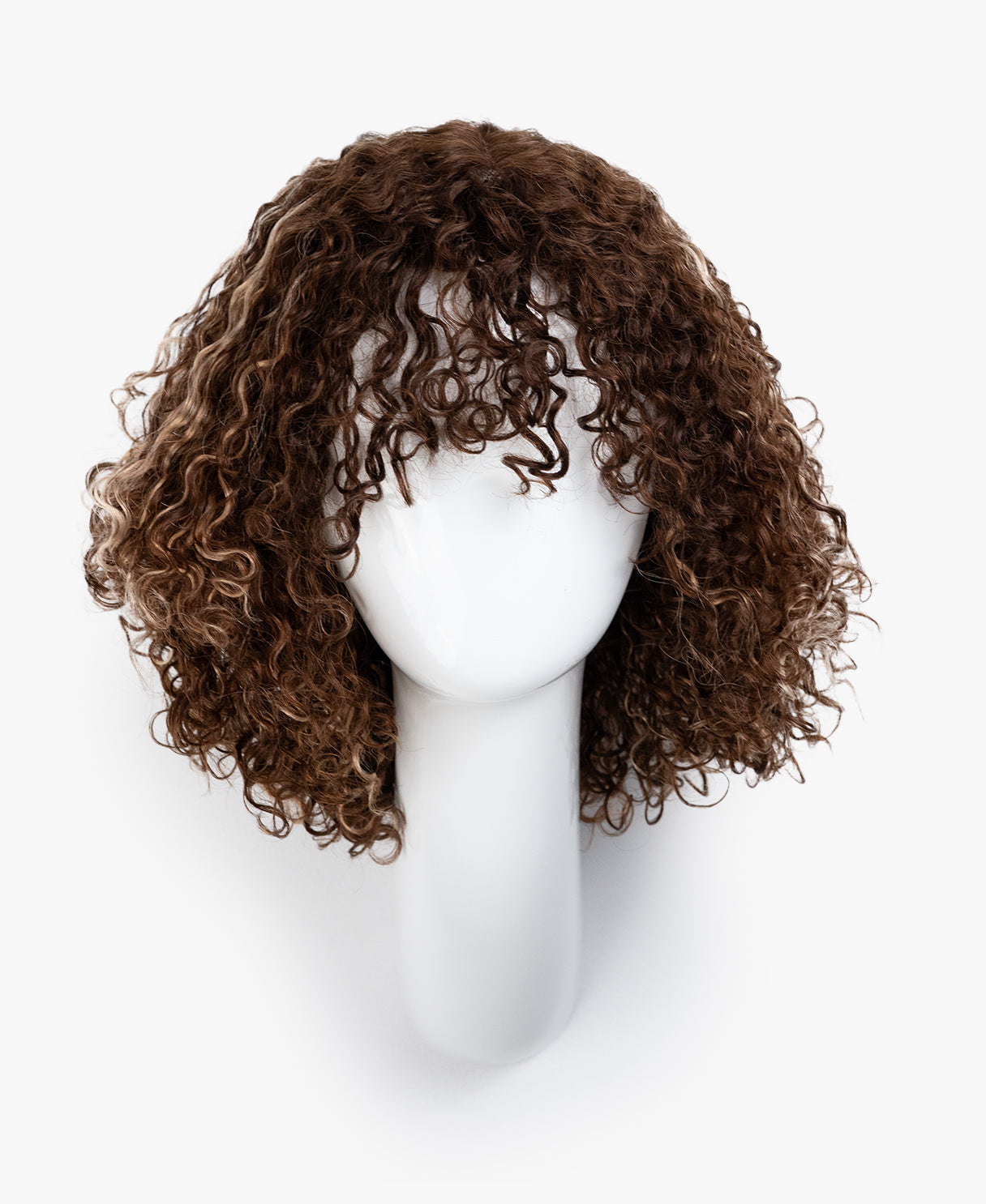 curly human hair wig with bangs - 10" brown balayage.