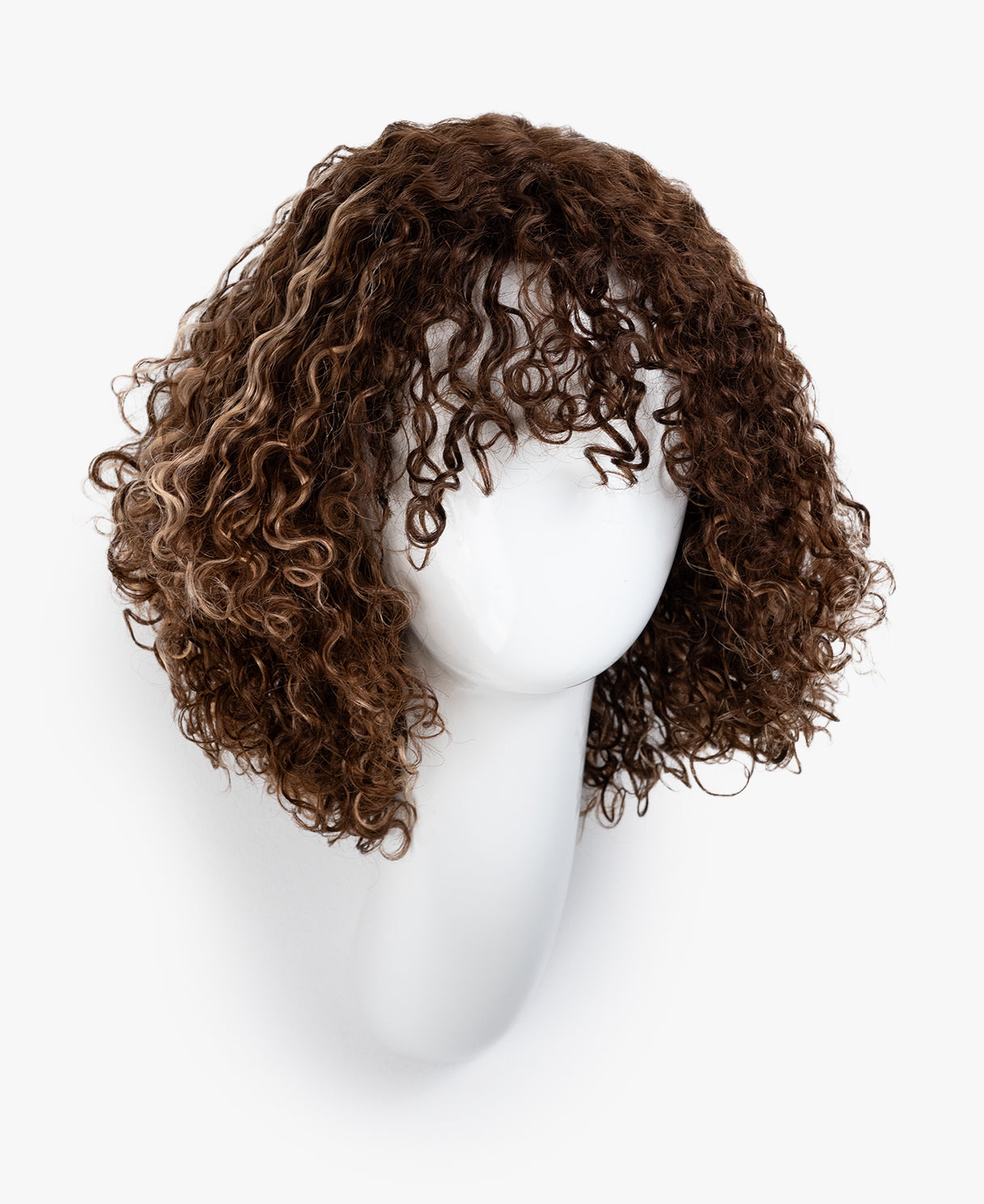 curly human hair wig with bangs - 10" brown balayage.