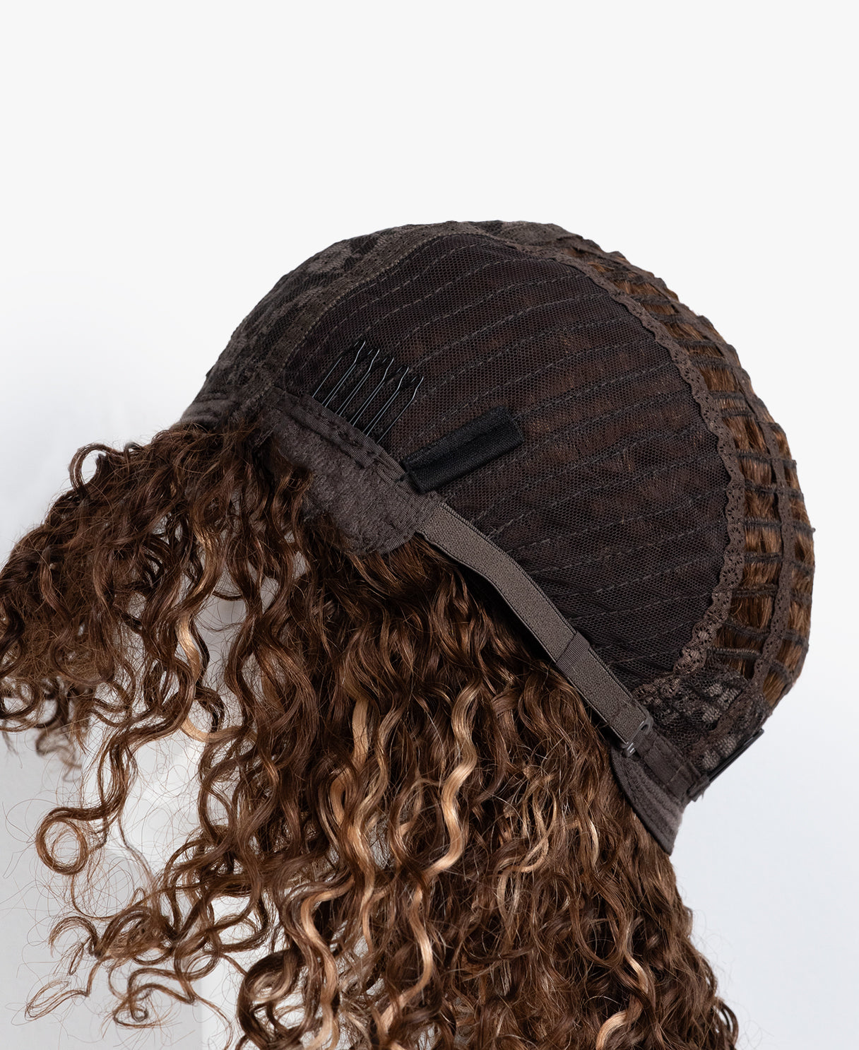 curly human hair wig with bangs - 10" brown balayage.