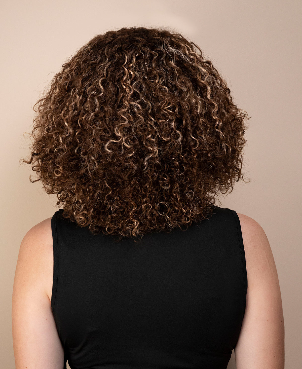 curly human hair wig with bangs - 10" brown balayage.