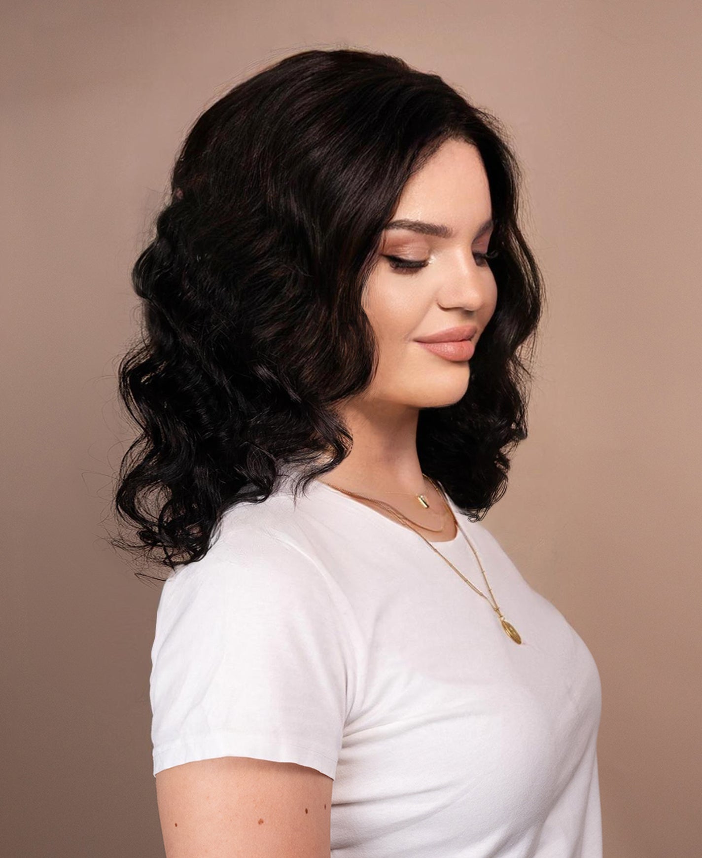 put on & go pre-cut lace curly human wig - 14" natural black.
