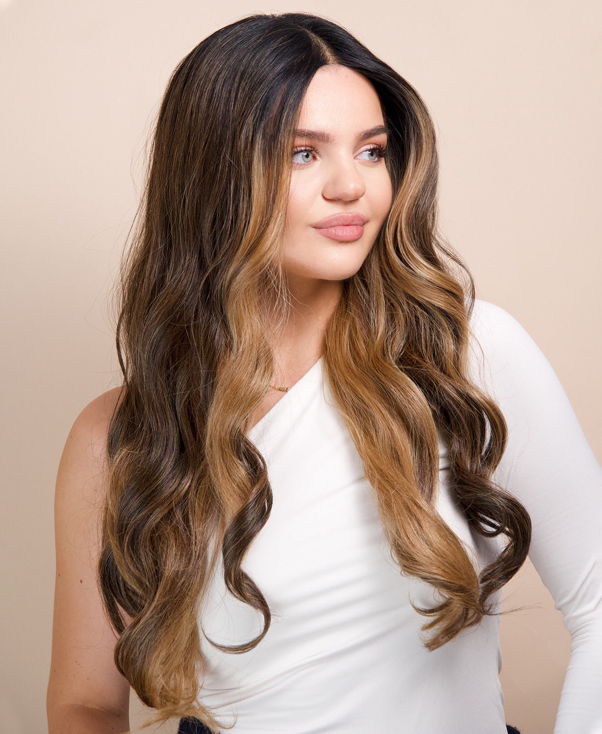 vegan fiber wig - 24" caramel balayage moneypiece.