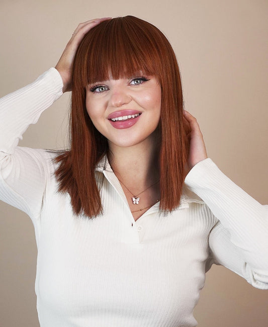 vegan fiber long bob with bangs wig - 12" copper melt.