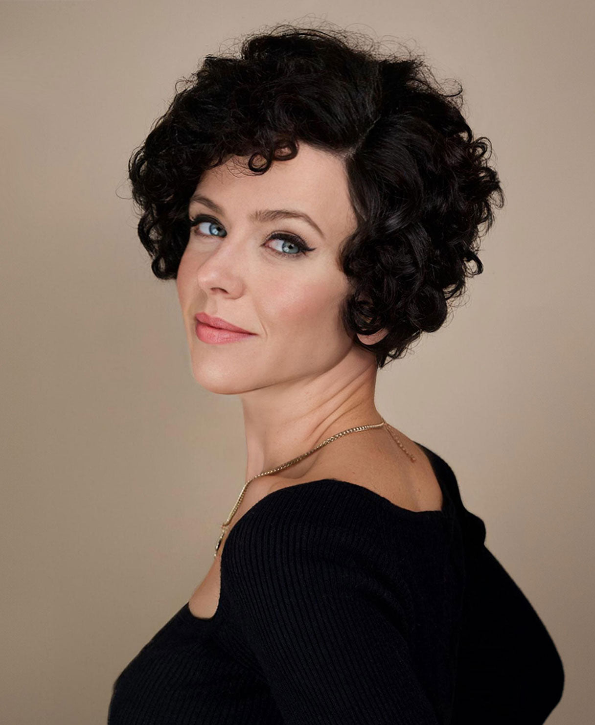 t-part curly human wig - 6" natural black.