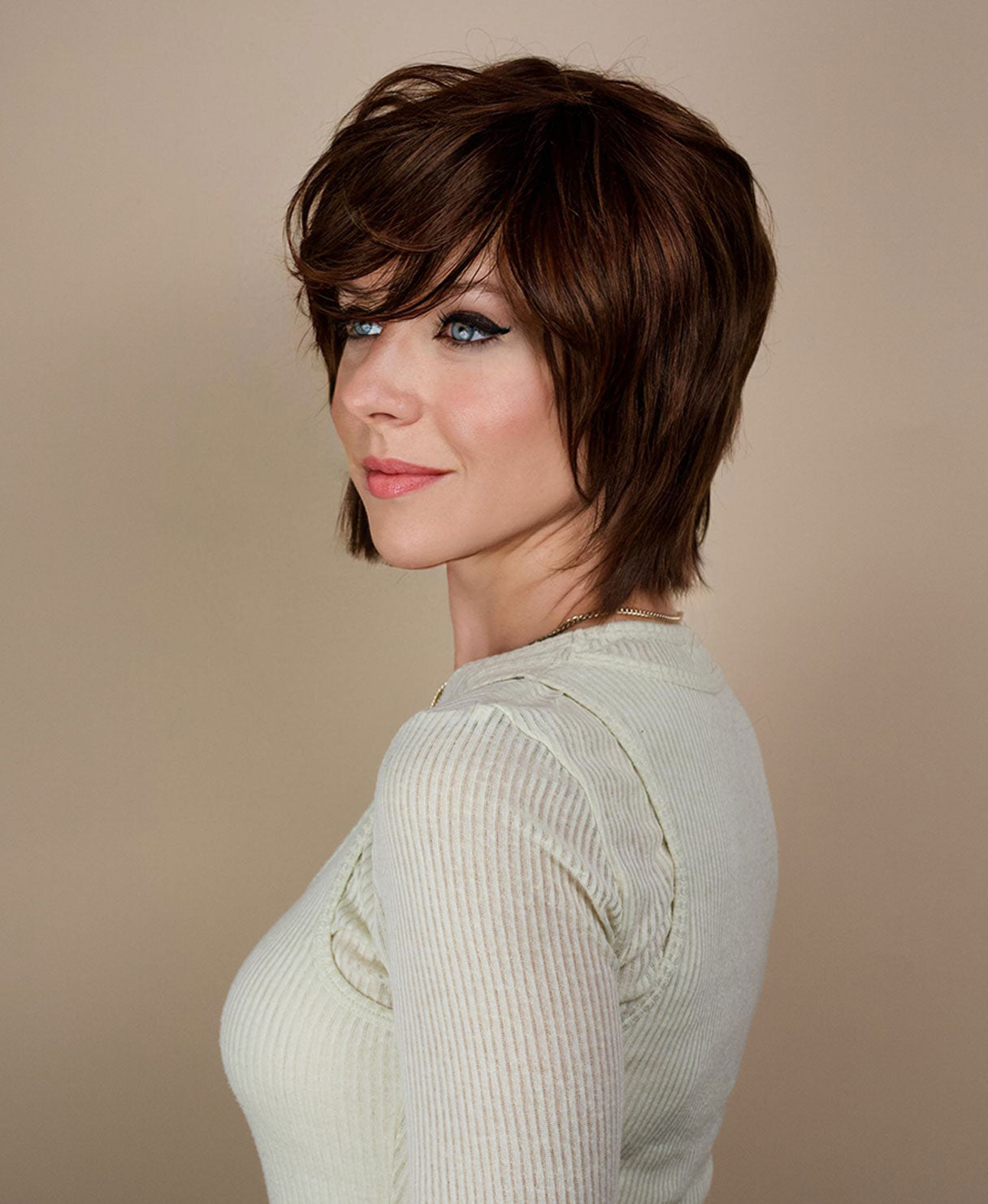 wedge cut with bangs human wig - 8" chocolate brown.