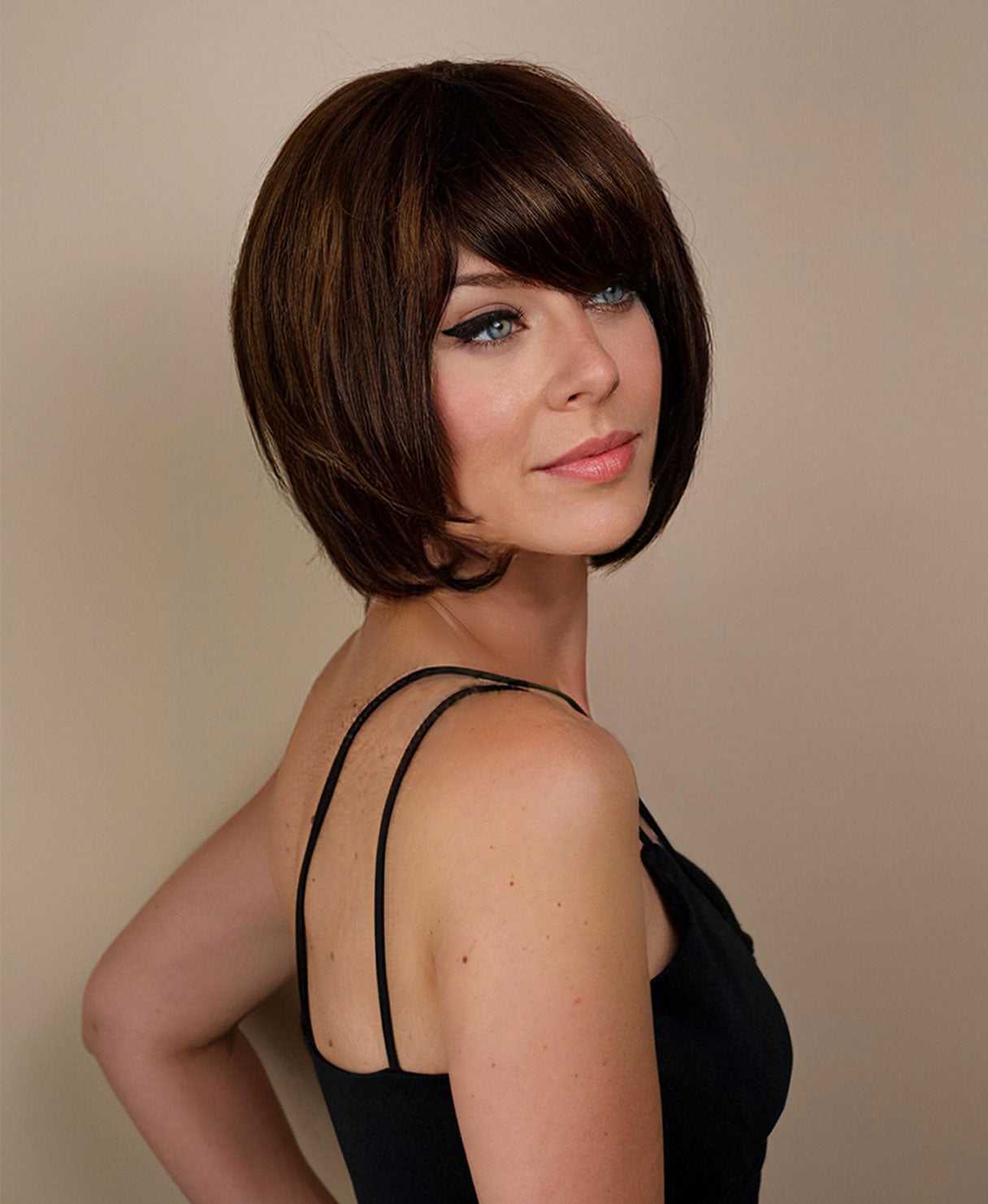 bob with side bangs - 10" brown highlights.