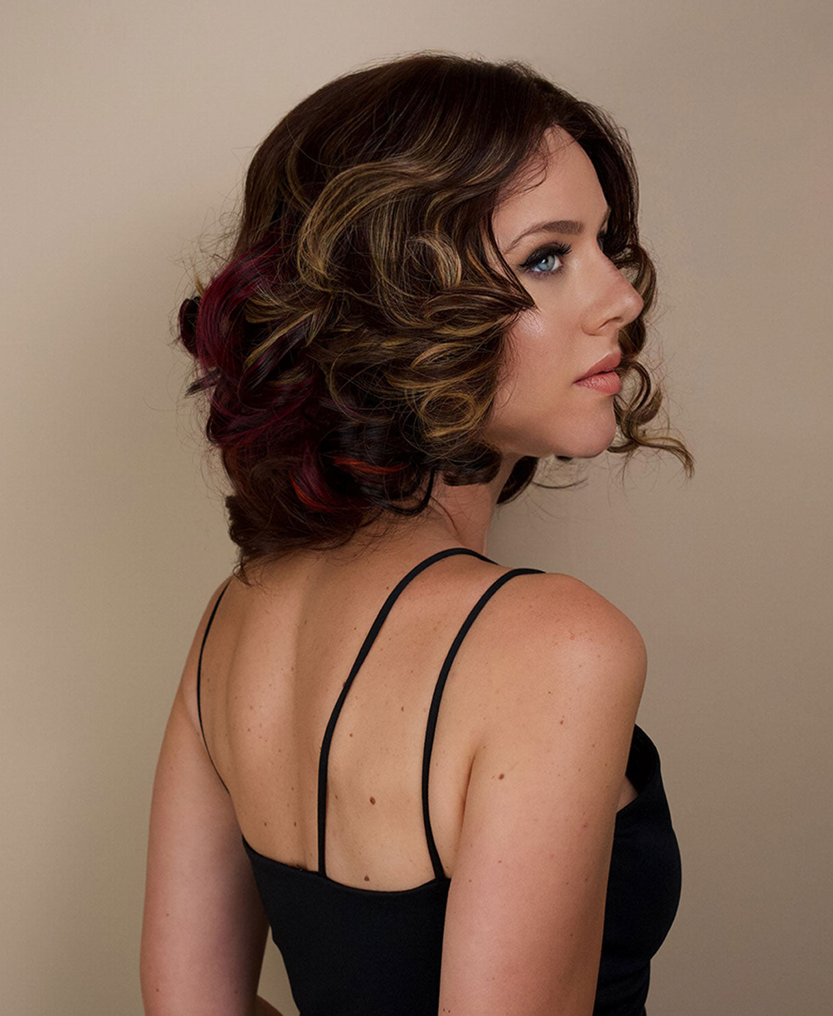 4x4 lace front wig - 10" - brown with colored highlights.