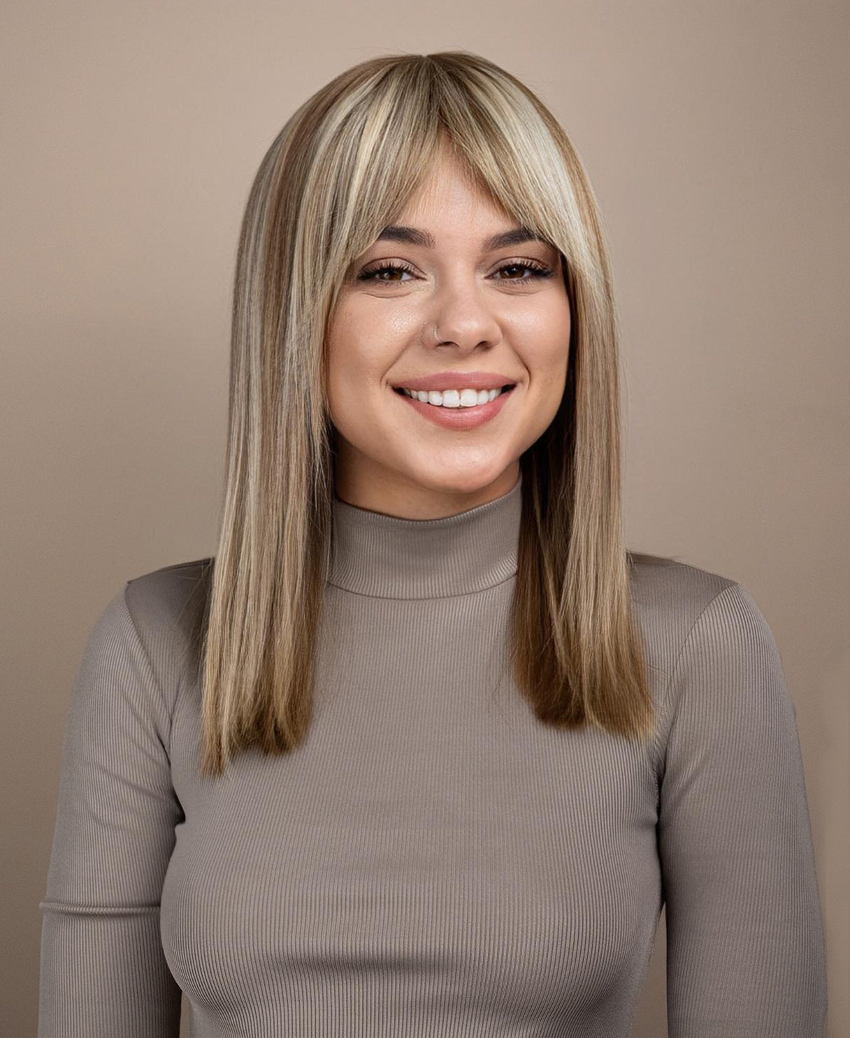 long bob with fringe human wig - 16" blonde highlights.
