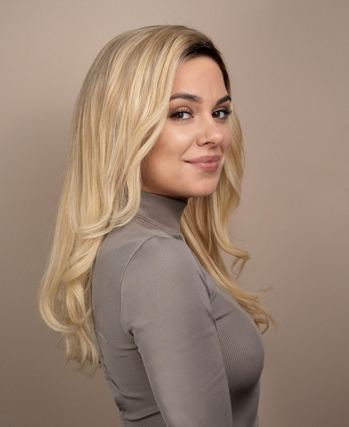 put on & go human wig - 20" rooted blonde.