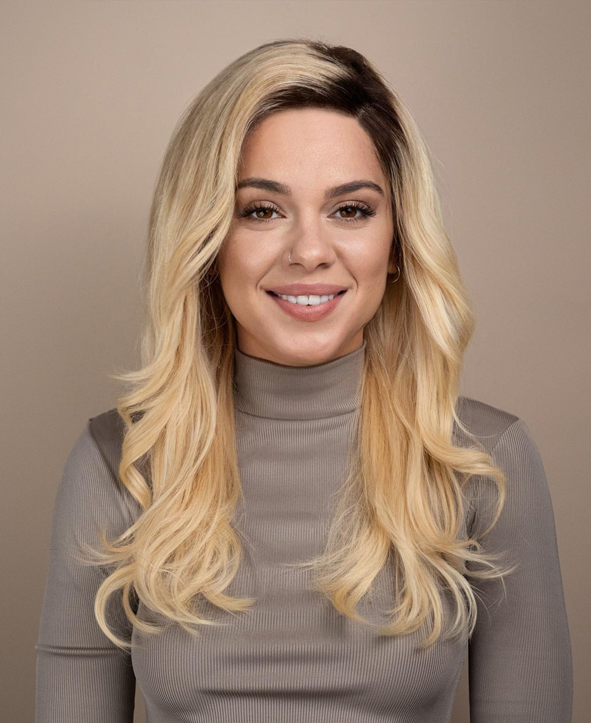 put on & go human wig - 20" rooted blonde.