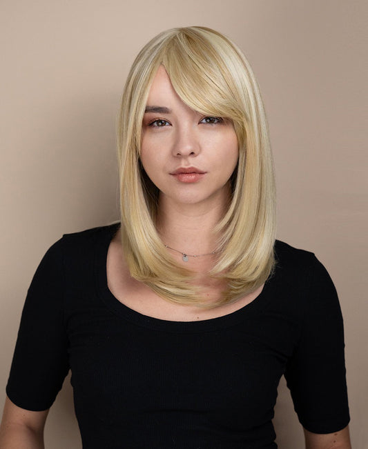 vegan fiber wig with bangs - 16" blonde highlights.
