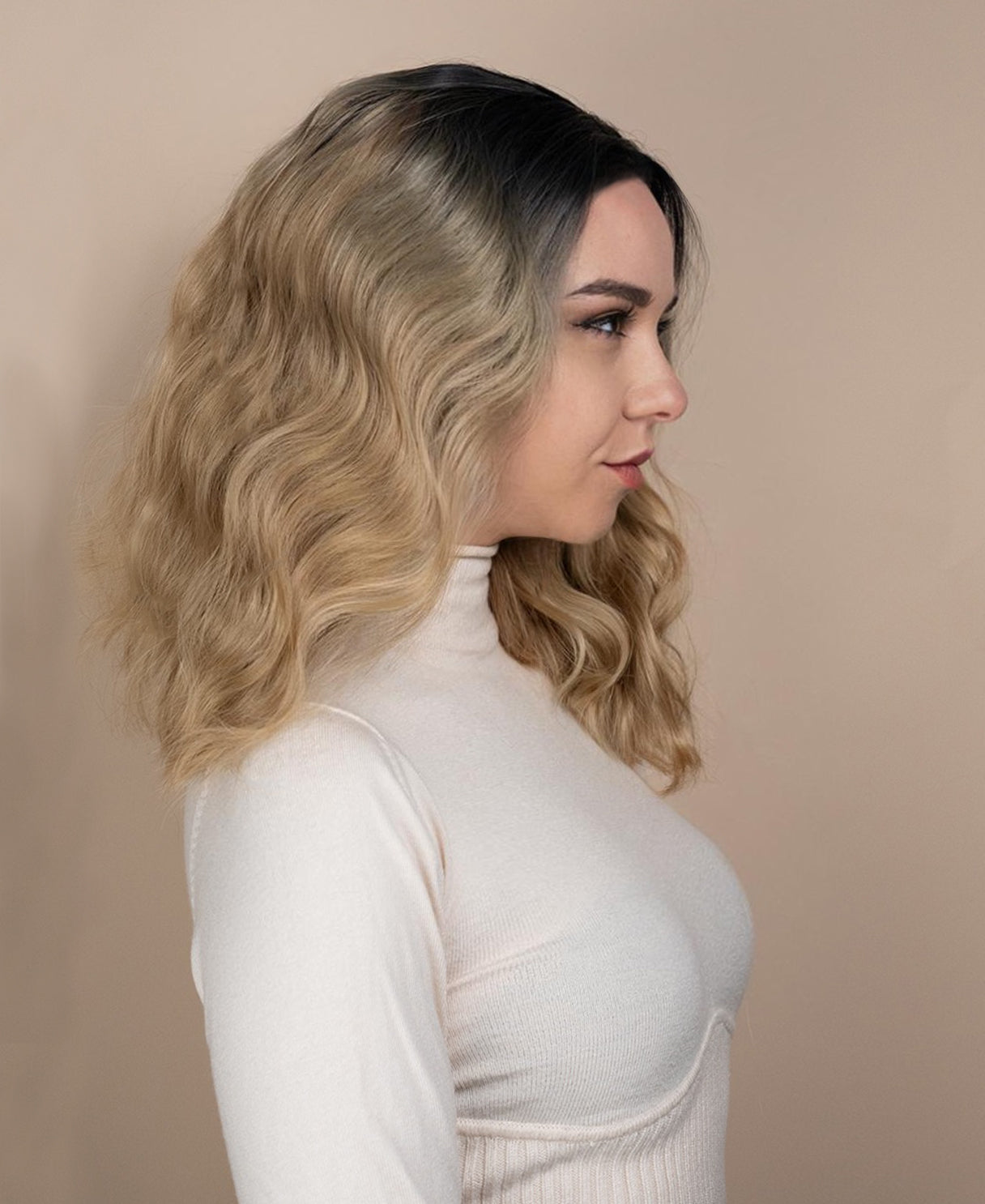 vegan fiber wavy wig - 12" rooted blonde.