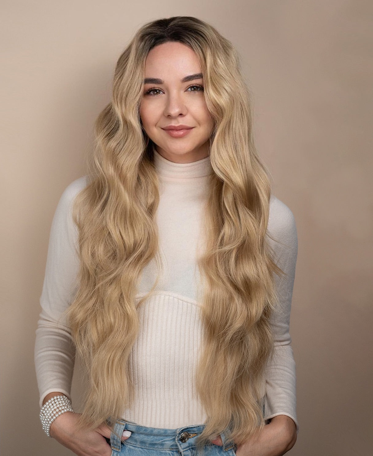 vegan fiber wavy wig - 24" rooted blonde.