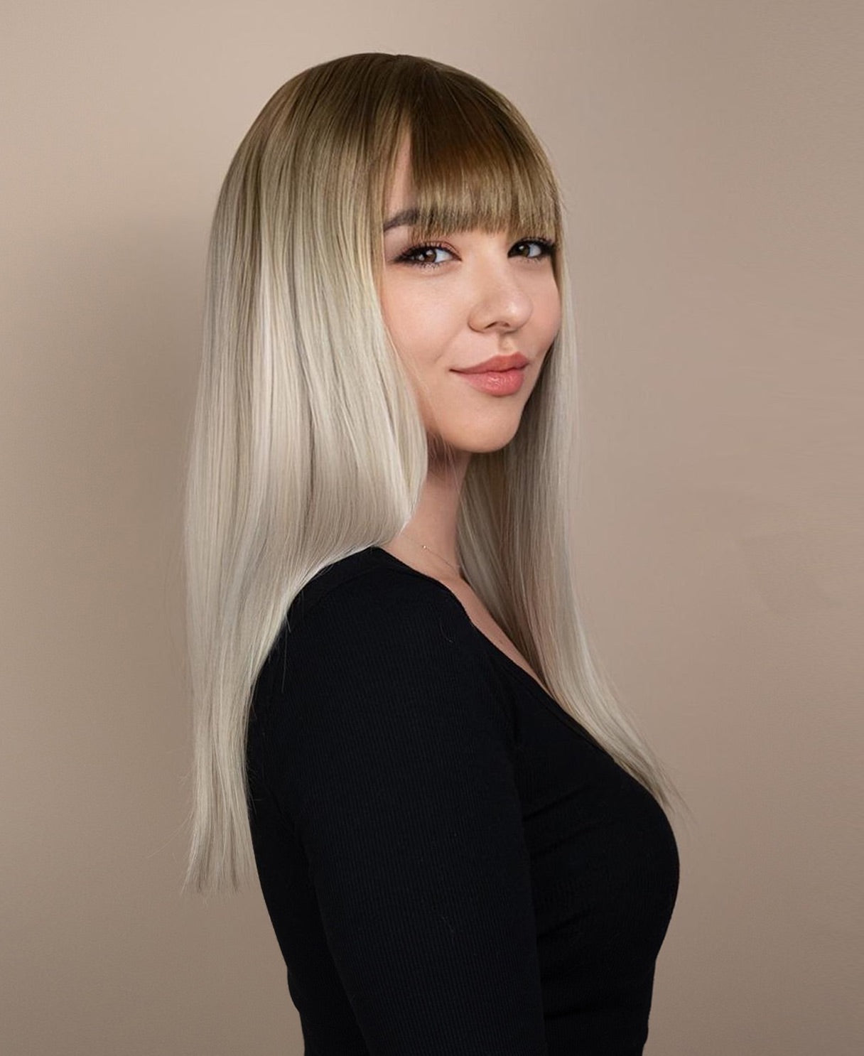 vegan fiber fringe wig - 18" rooted platinum blonde.