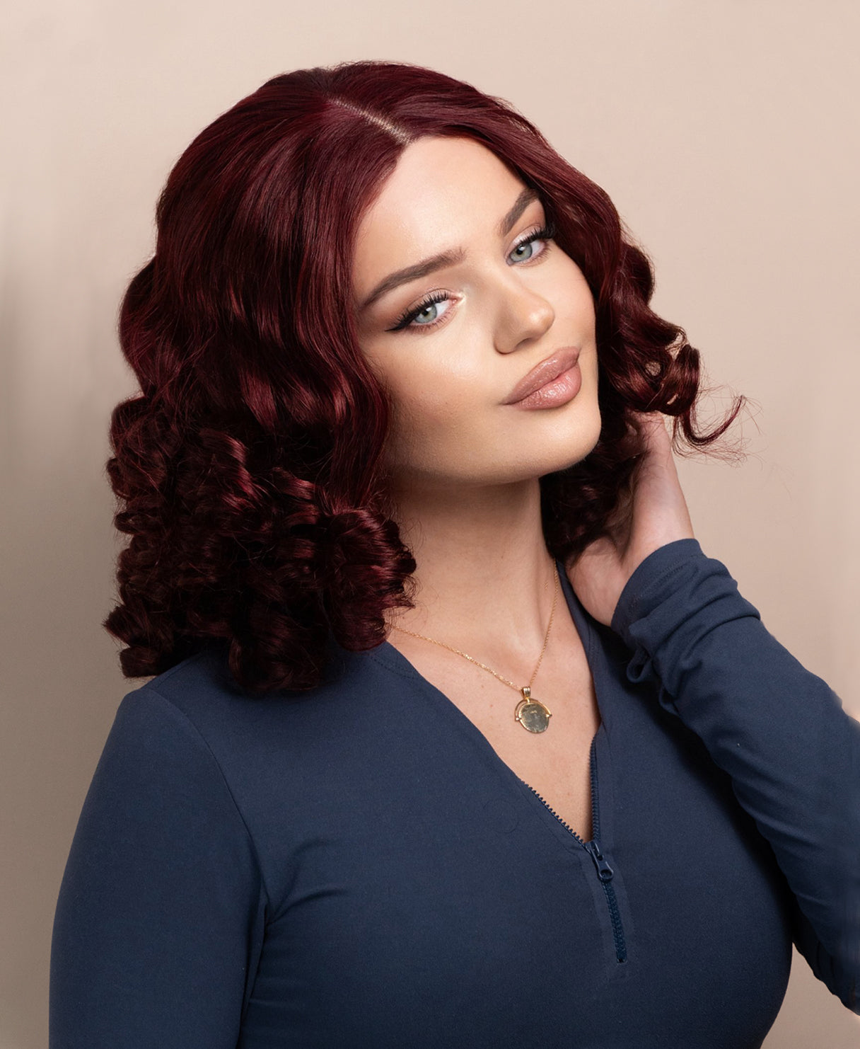 bouncy curls human wig - 14" dark red.