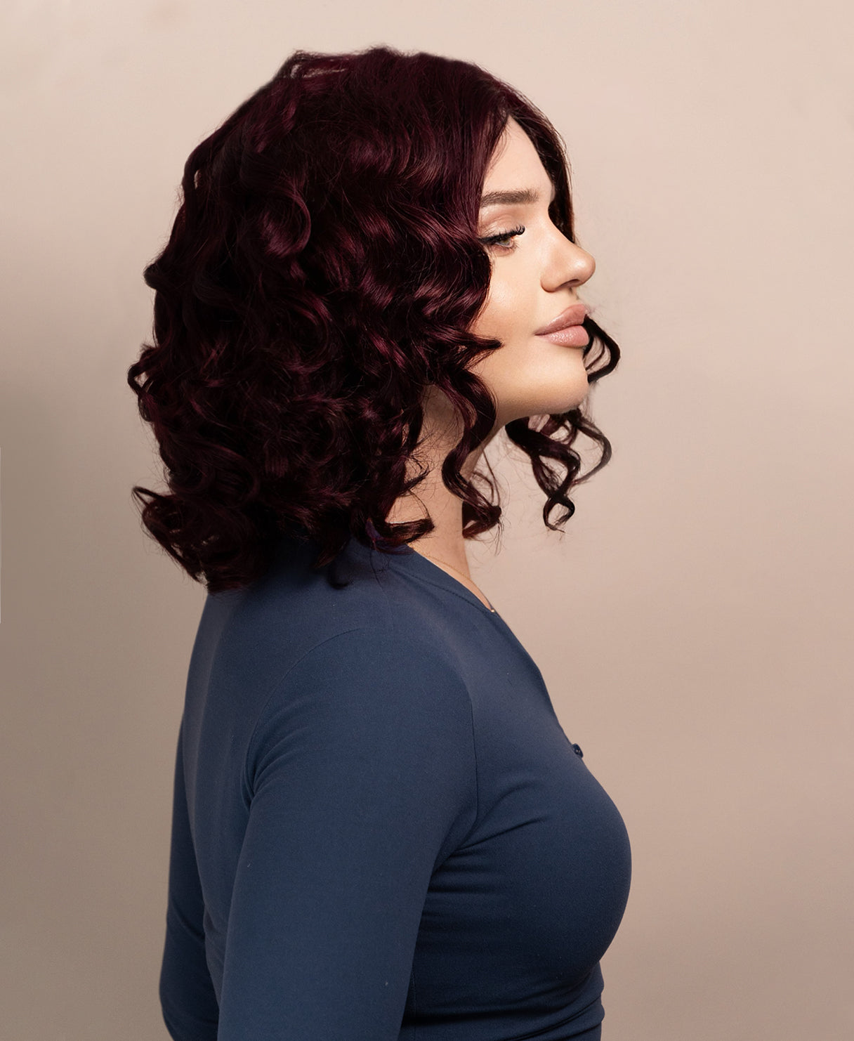 curly human wig - 12" dark red.