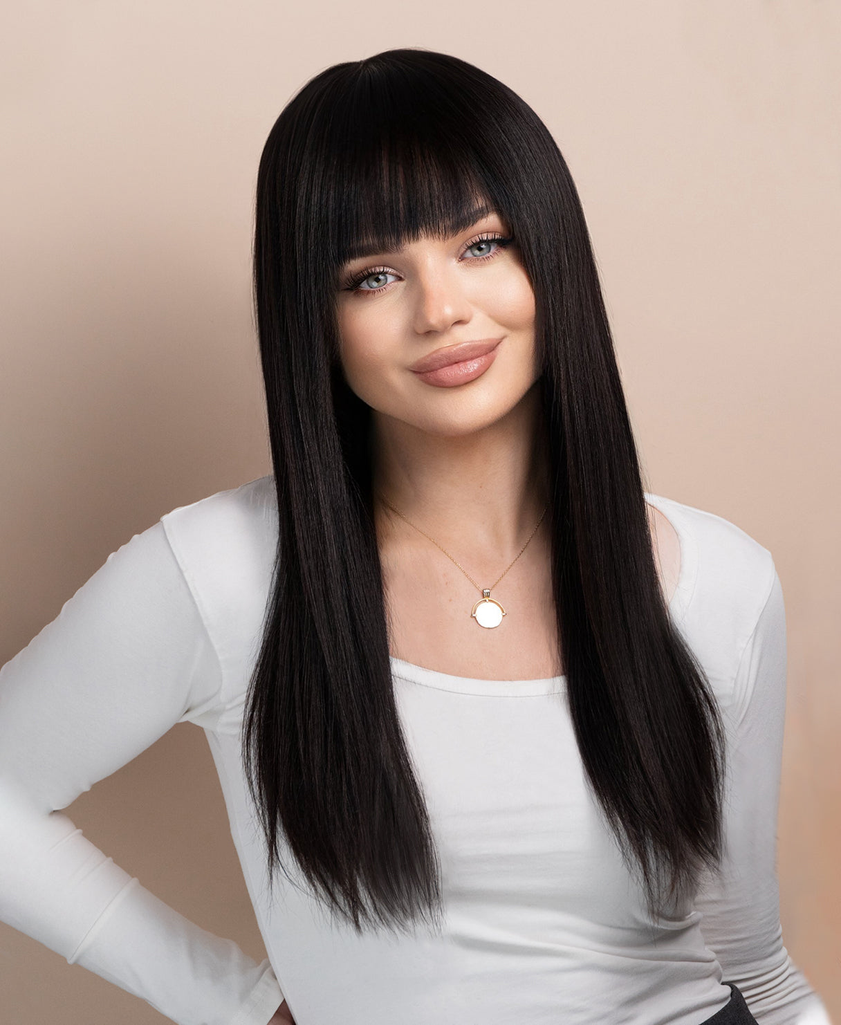 human hair wig with fringe - 20" black.