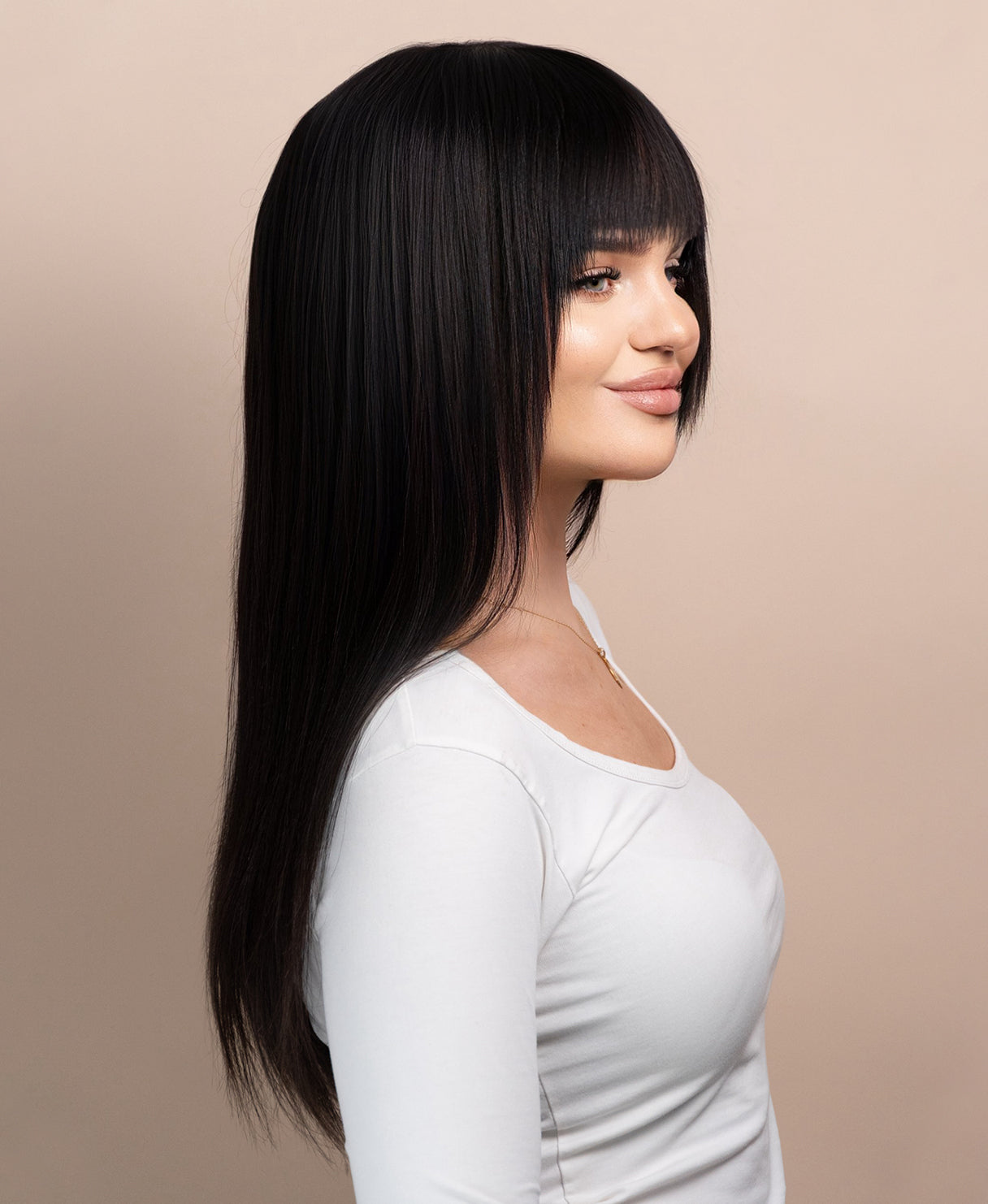 human hair wig with fringe - 20" black.