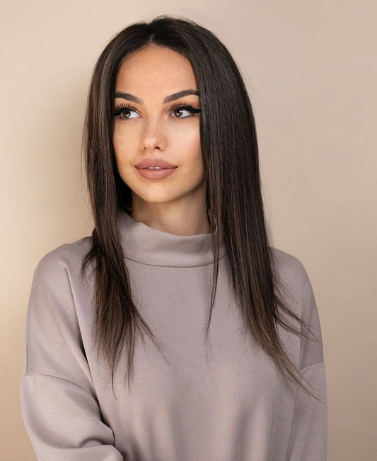 full lace human wig - 14" dark highlights.