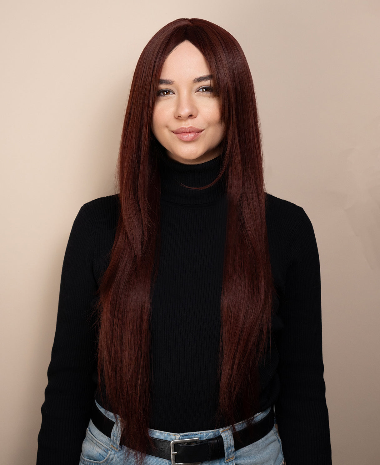 vegan fiber wig - 28" cherry red with long layers.