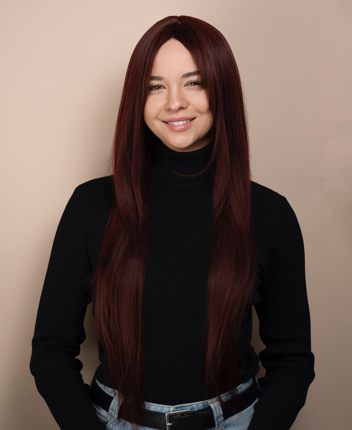 vegan fiber wig - 28" cherry red with long layers.