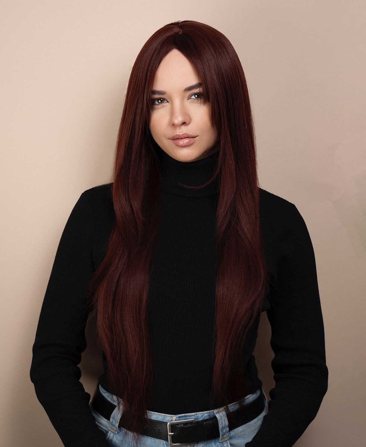 vegan fiber wig - 28" cherry red with long layers.