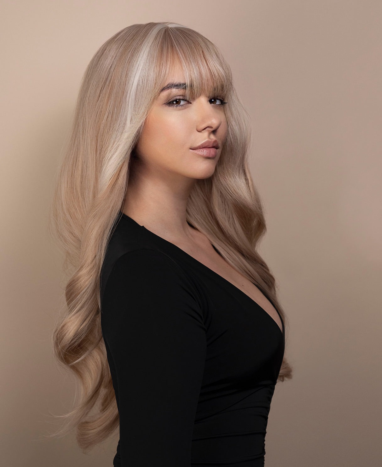 vegan fiber wig - 28" moneypiece blonde with fringe.