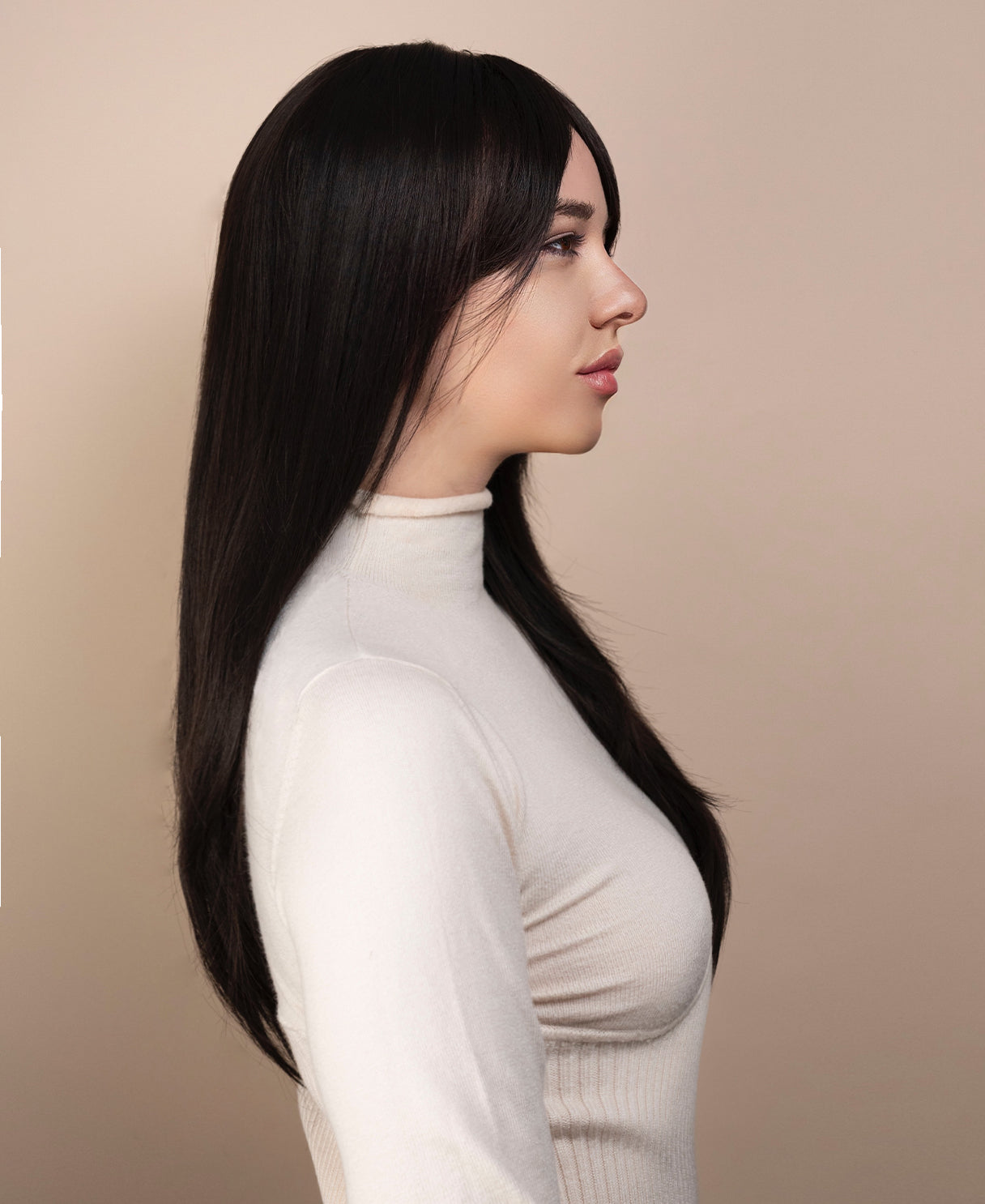 vegan fiber wig - 24" layered dark brown wig with curtain bangs.