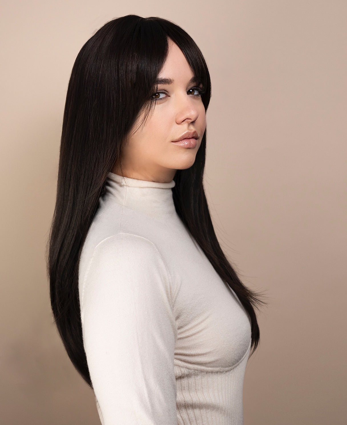 vegan fiber wig - 24" layered dark brown wig with curtain bangs.