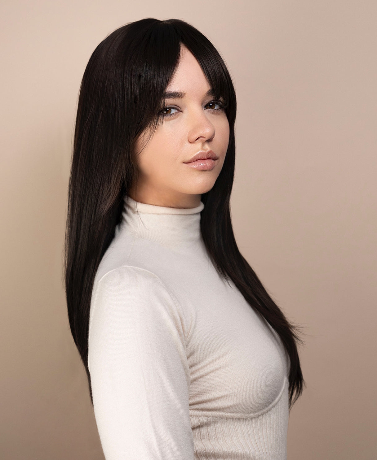 vegan fiber wig - 24" layered dark brown wig with curtain bangs.