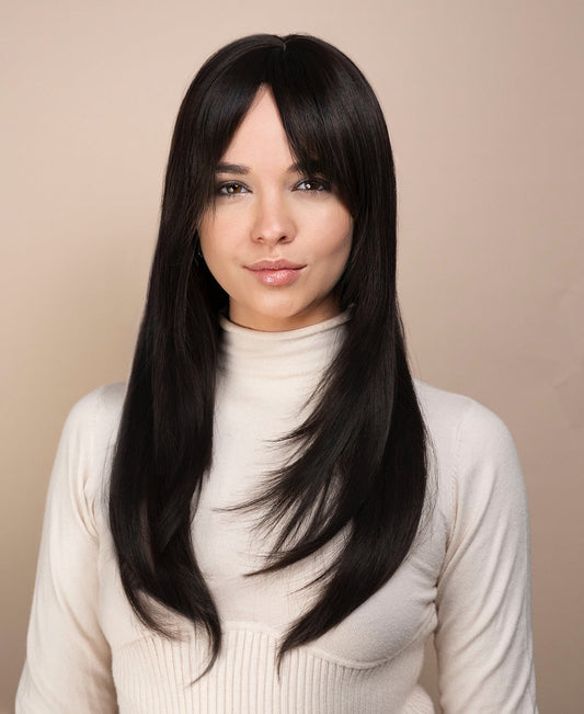 vegan fiber wig - 24" layered dark brown wig with curtain bangs.