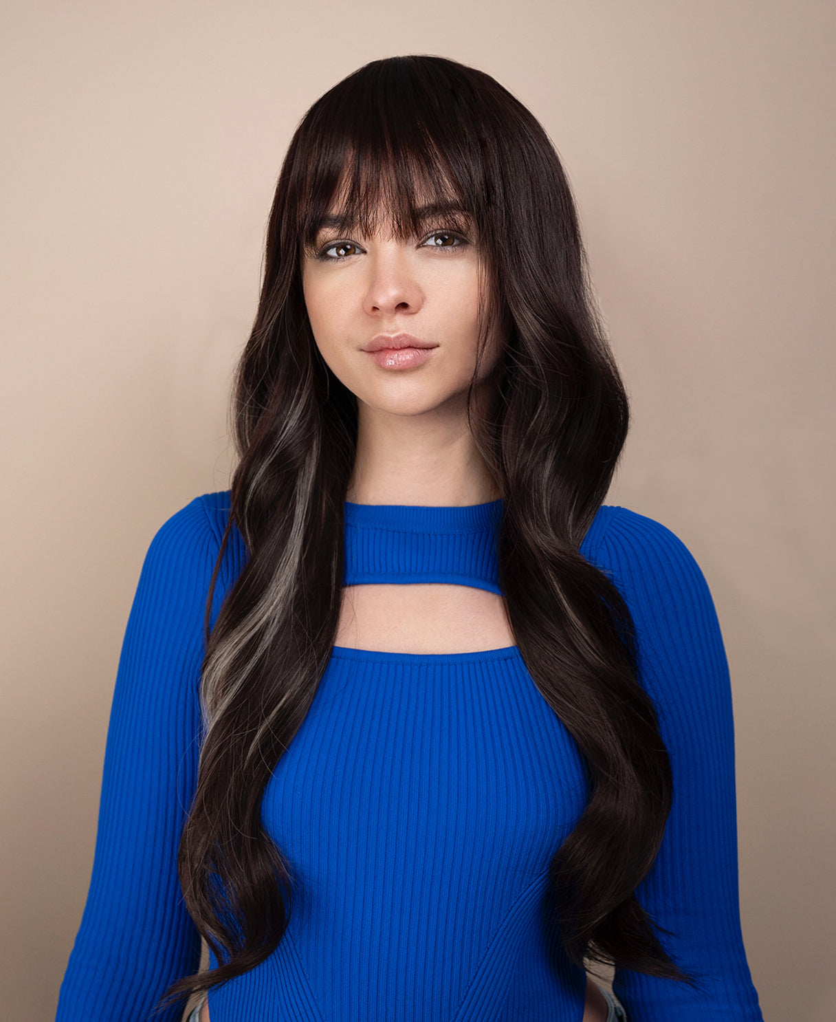 vegan fiber wig - 26" dark highlights with wispy bangs.