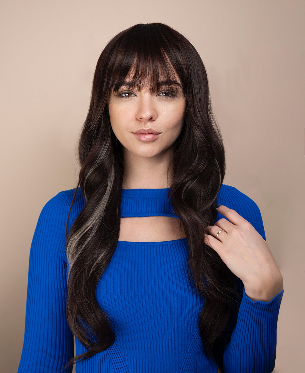 vegan fiber wig - 26" dark highlights with wispy bangs.