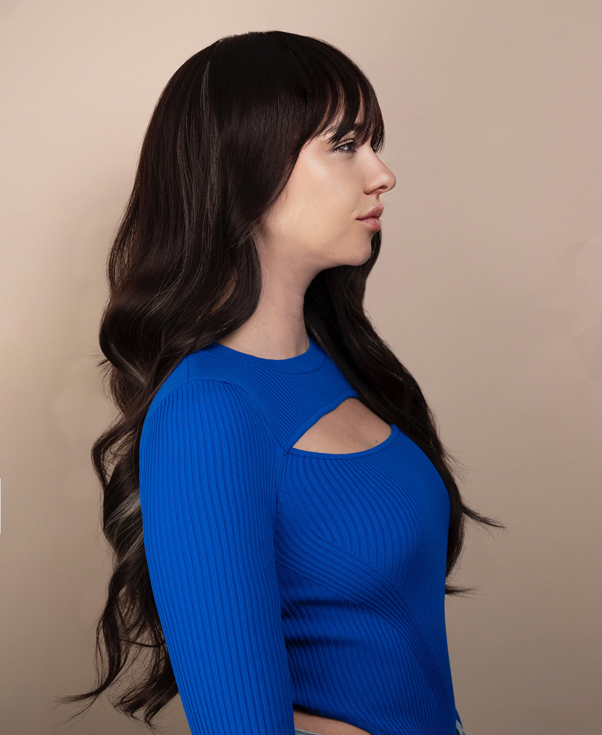 vegan fiber wig - 26" dark highlights with wispy bangs.