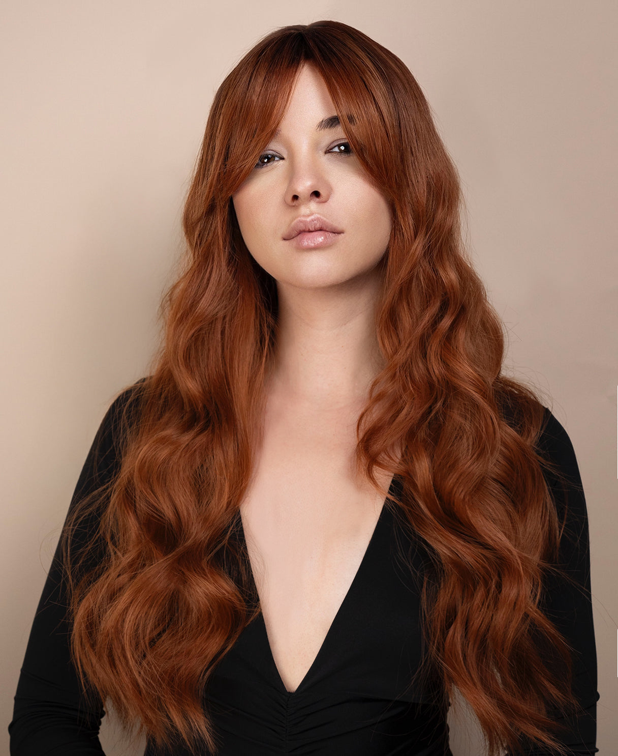 vegan fiber wig - 24" rooted pumpkin spice with curtain bangs.