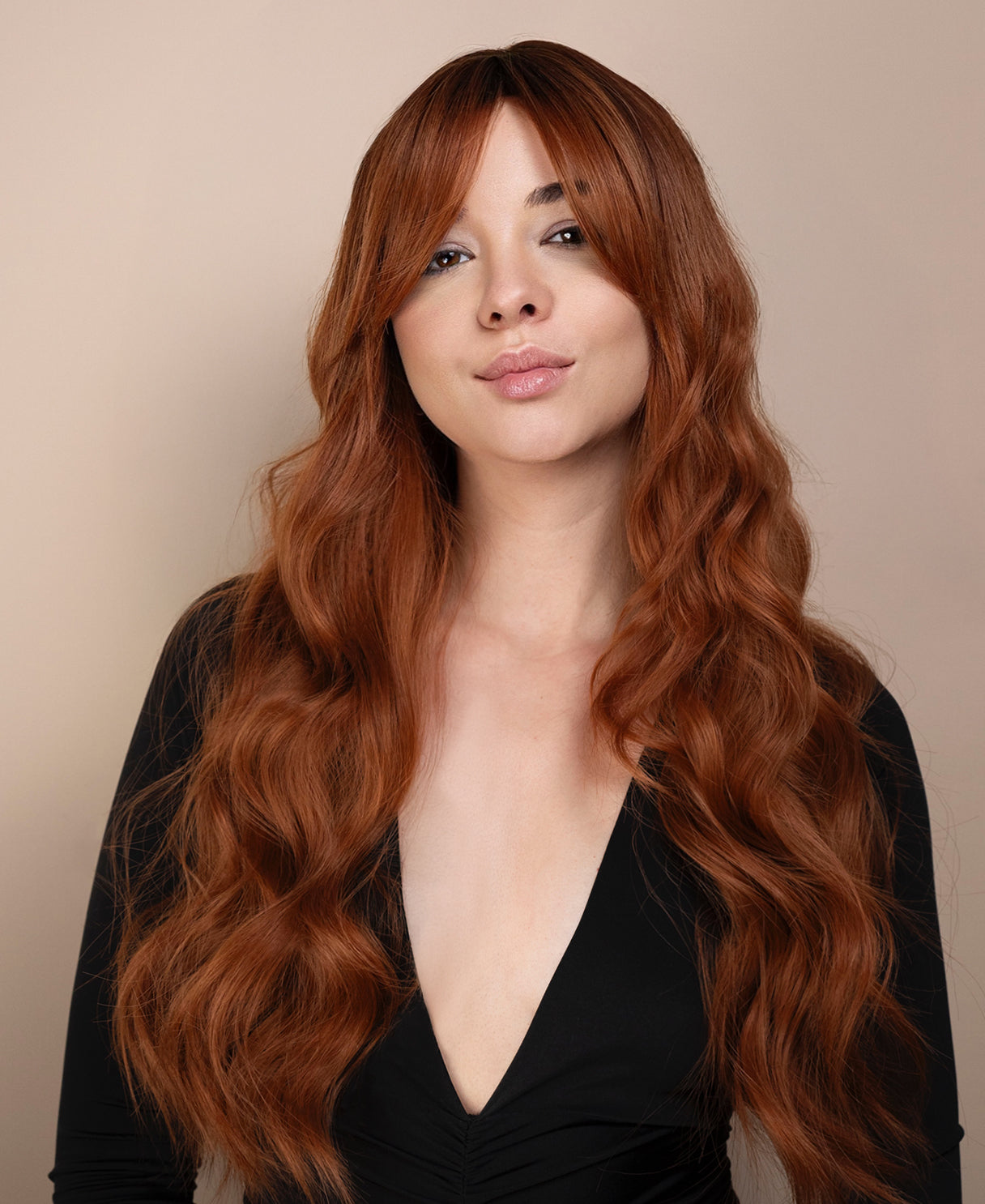 vegan fiber wig - 24" rooted pumpkin spice with curtain bangs.