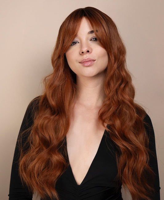 vegan fiber wig - 24" rooted pumpkin spice with curtain bangs.