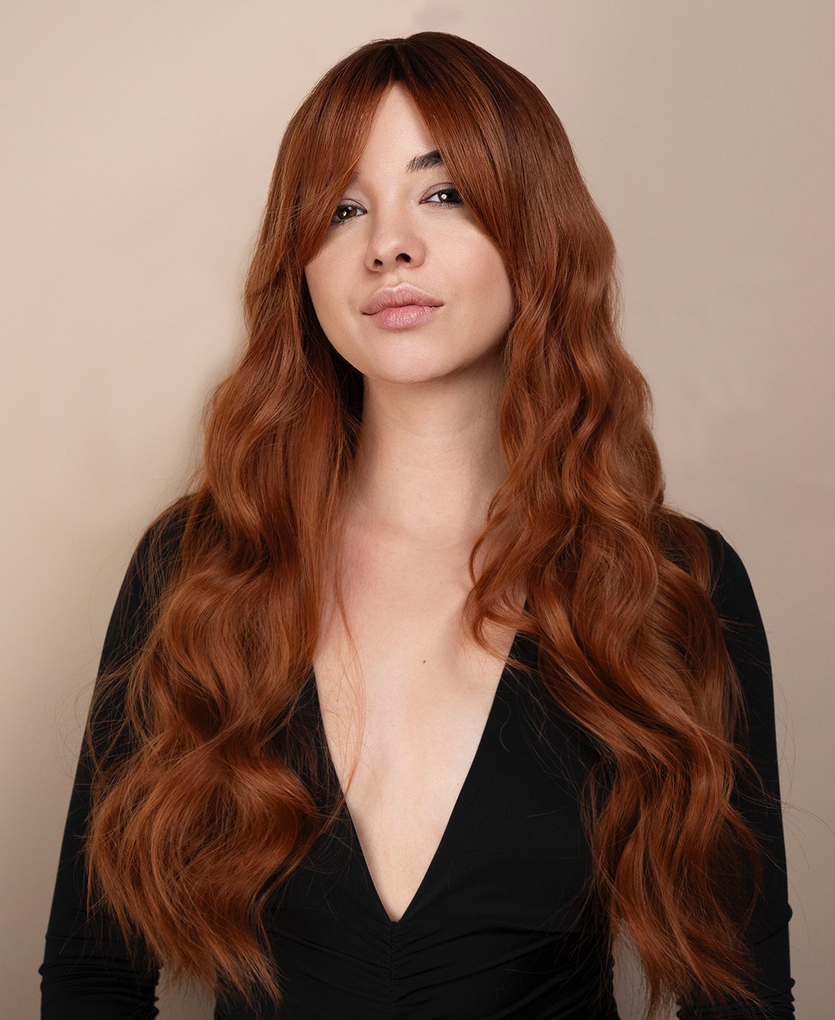 vegan fiber wig - 24" rooted pumpkin spice with curtain bangs.