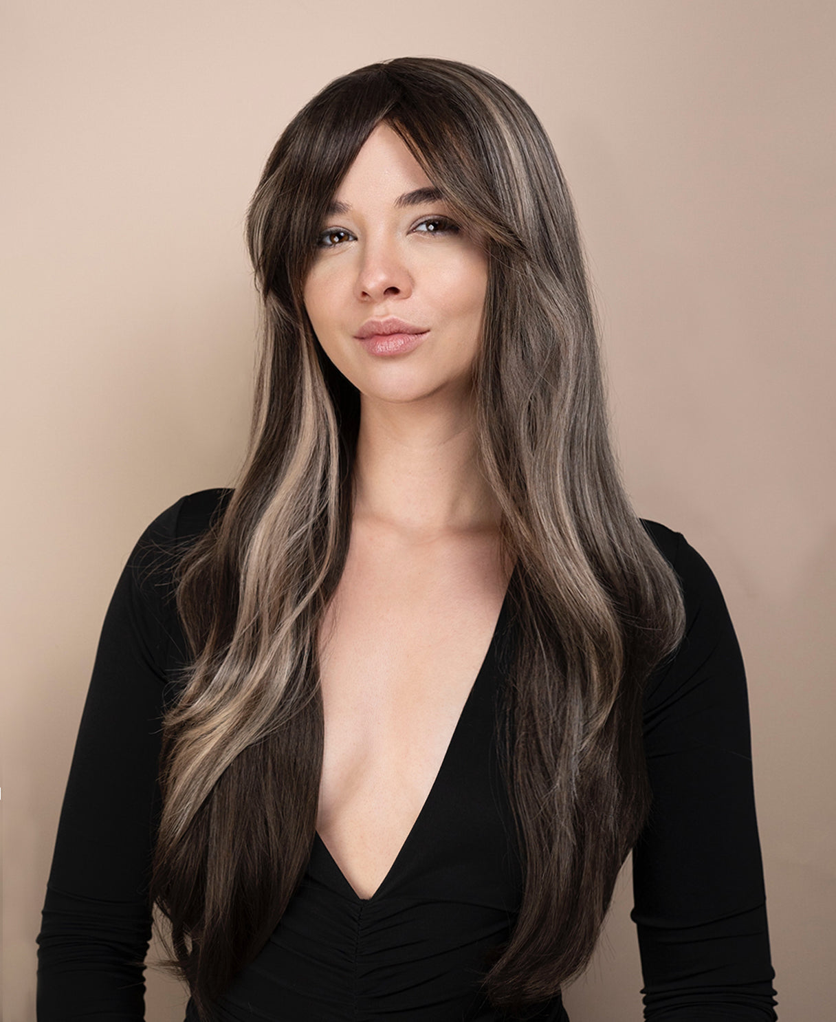 vegan fiber wig - 24" ash highlights with curtain bangs.