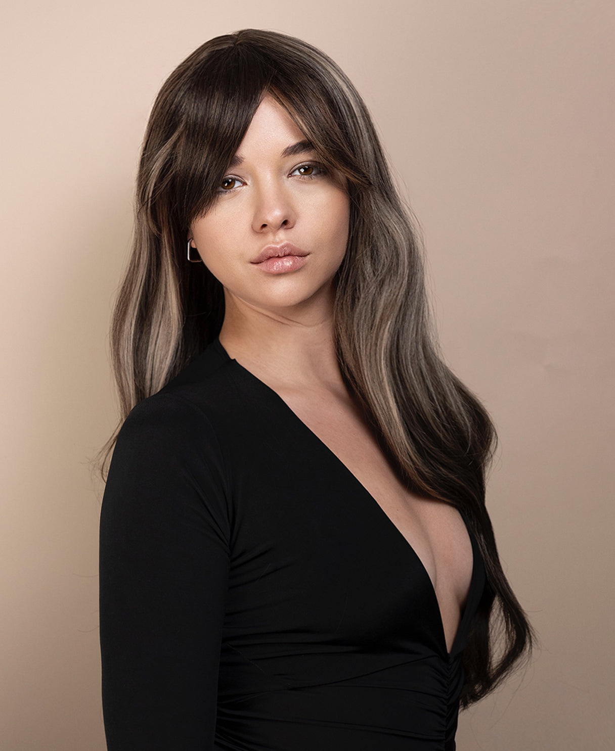 vegan fiber wig - 24" ash highlights with curtain bangs.