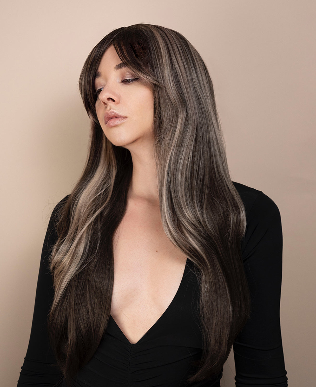 vegan fiber wig - 24" ash highlights with curtain bangs.