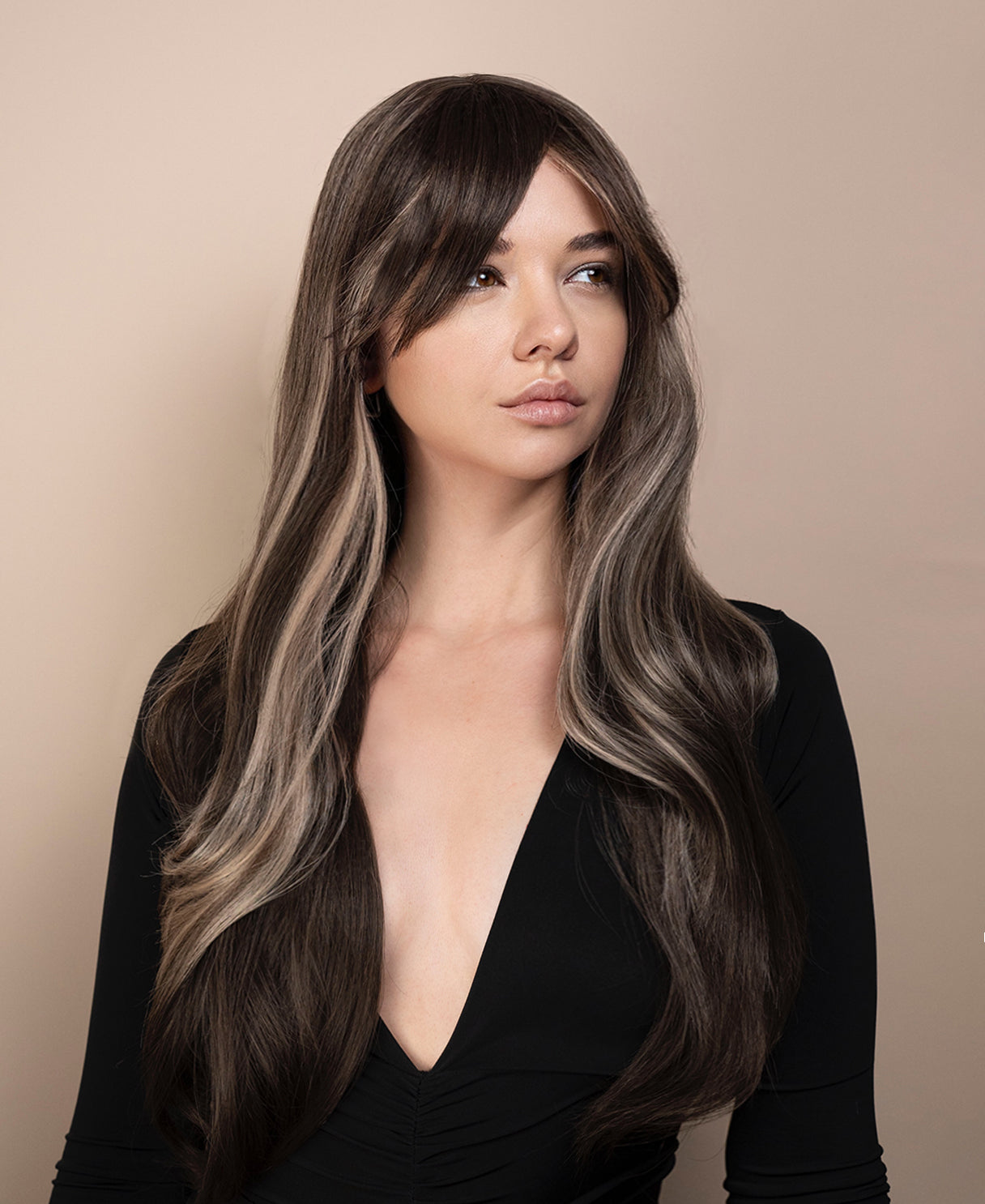 vegan fiber wig - 24" ash highlights with curtain bangs.