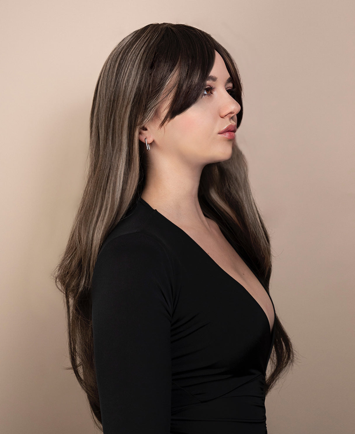 vegan fiber wig - 24" ash highlights with curtain bangs.