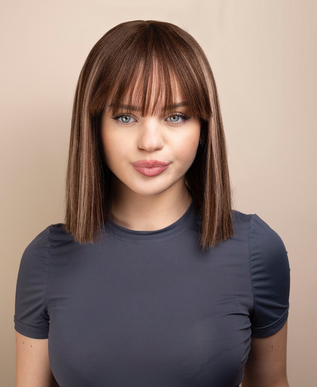 bob wig with fringe - 12" highlighted ash brown.