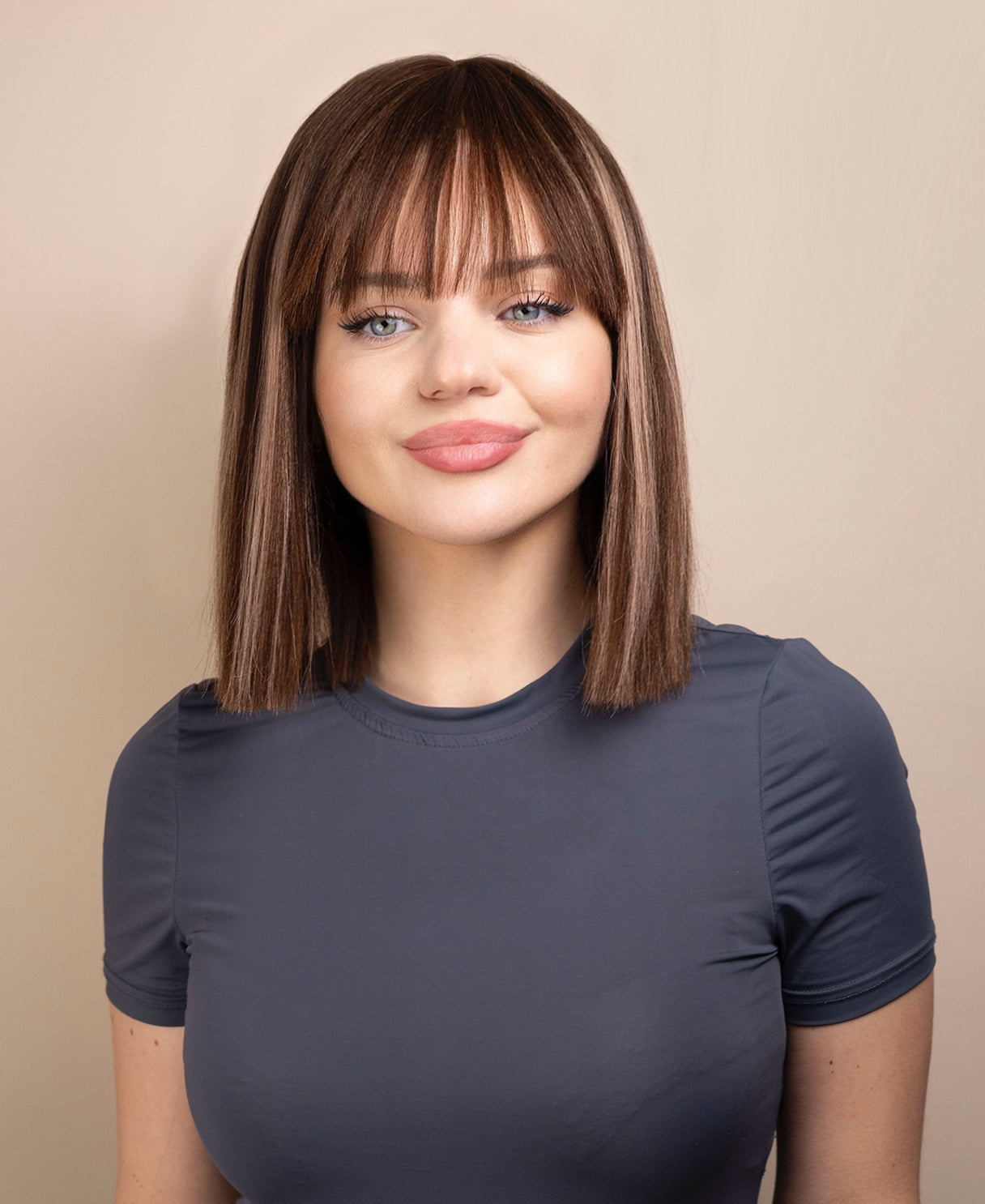 bob wig with fringe - 12" highlighted ash brown.