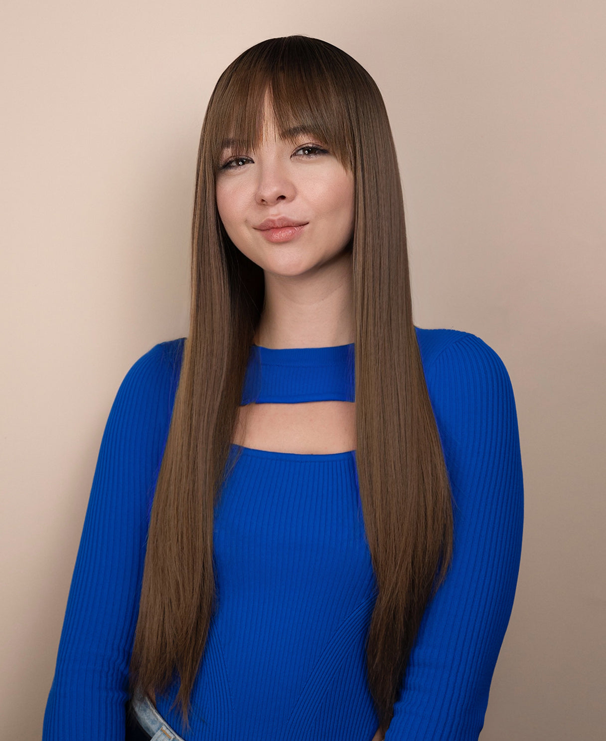 vegan fiber wig - 26" rooted ash brown with wispy bangs.